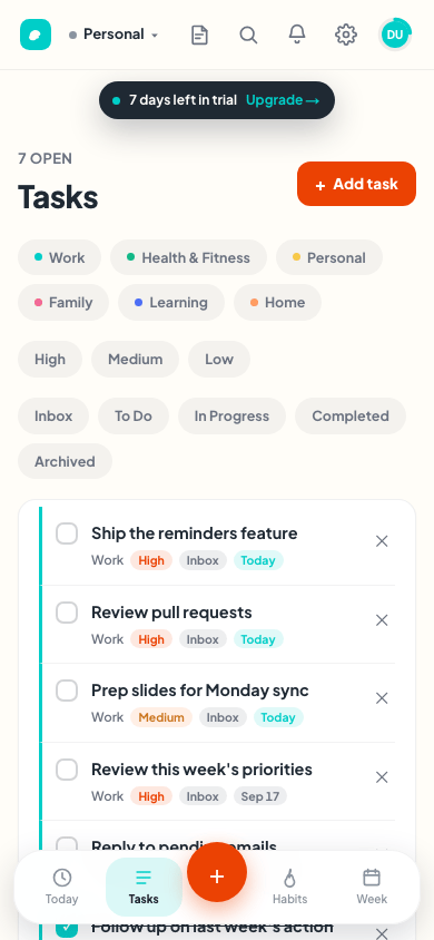 Producky's Tasks view on mobile, organized by life area