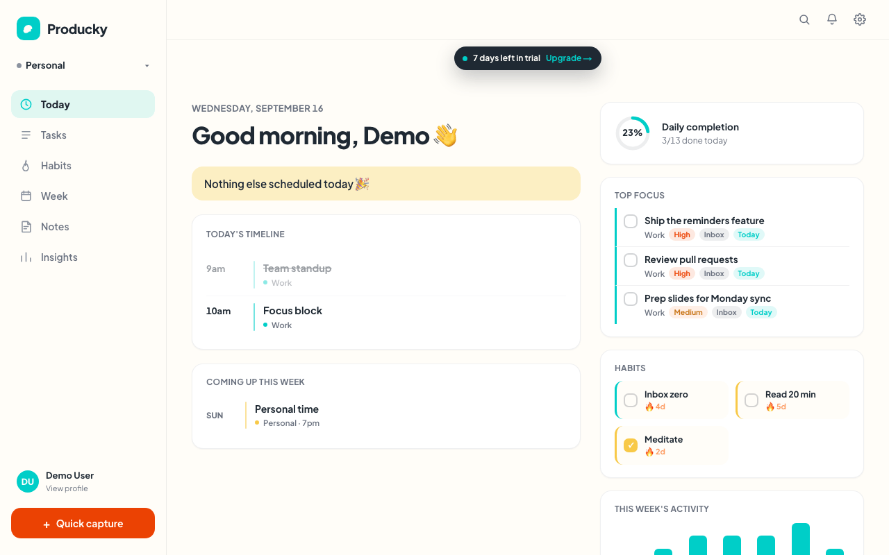 Producky's Today view — a daily dashboard with tasks, habits, and a week strip