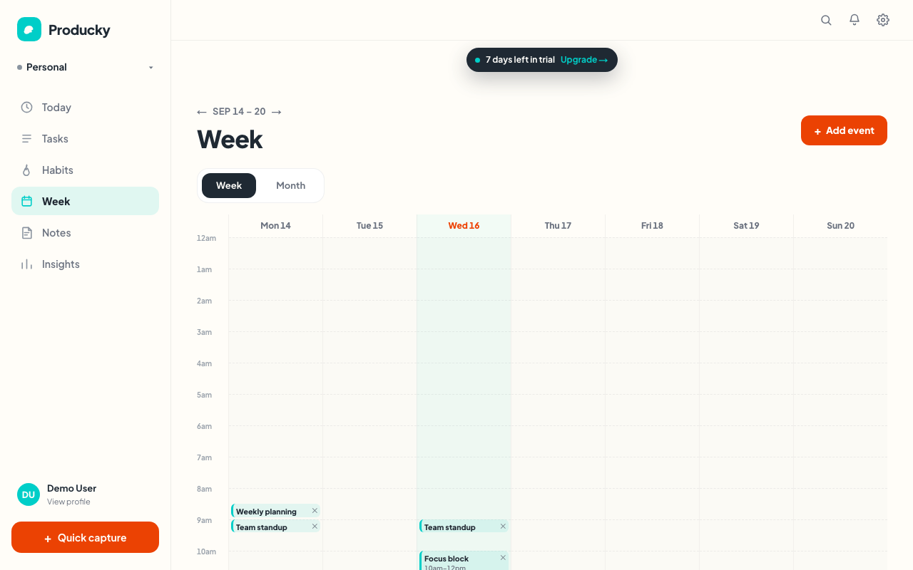 Producky's Week view — a calendar with tasks and habits laid out across the week